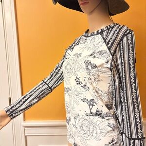 Maaji Black and White Floral Stripe Long Sleeve Top